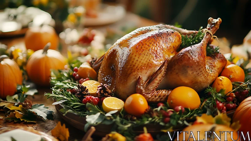 Photorealistic roast turkey centerpiece on autumn harvest table.