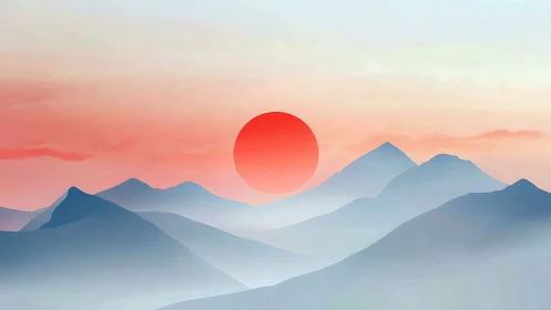 Minimalist red sun over layered blue mountains at dawn.