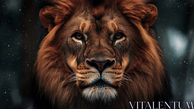 Photorealistic lion portrait under falling winter snow.