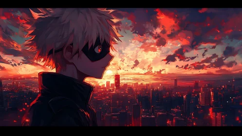 Masked anime hero surveys neon city beneath blazing sunset.