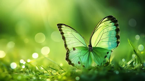 Luminous green butterfly rests in dewy, sunlit grassland.