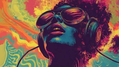 Neon soundwaves spill across a mirrored headphones daydream