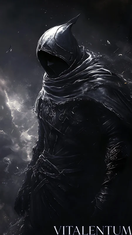 Hooded armored figure in dark atmospheric environment.