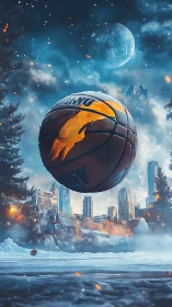 Moonlit city court lets a blazing basketball eclipse the sky