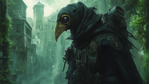 Mysterious plague doctor wandering a mossy ruined cityscape.