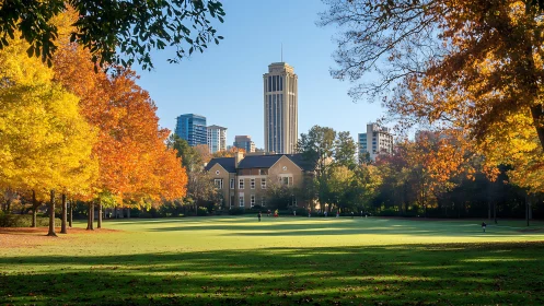 Autumn campus lawn framed by trees and city tower.