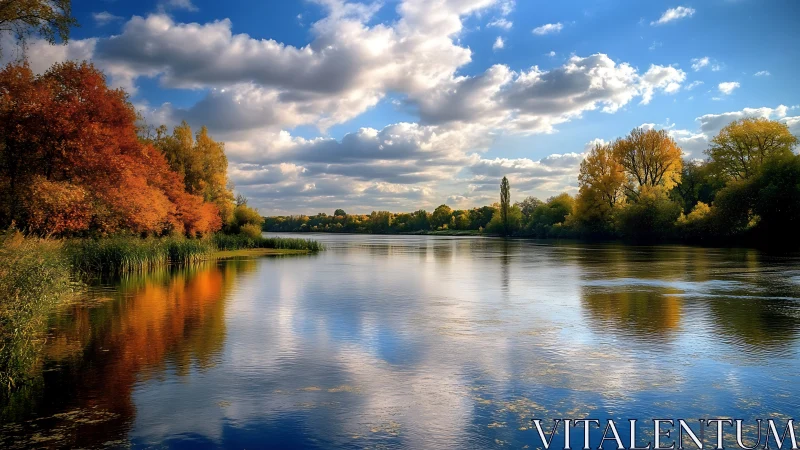 River of autumn mirrors under wandering watercolor clouds.