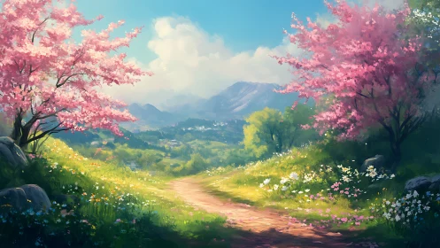 Gentle spring path winds between cherry trees in soft bloom