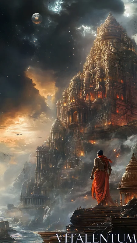 Starlit pilgrim studies a colossal celestial mountain city