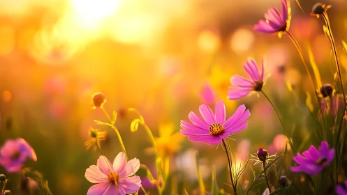 Pink Cosmos Blooms Basking in Golden Hour Light.