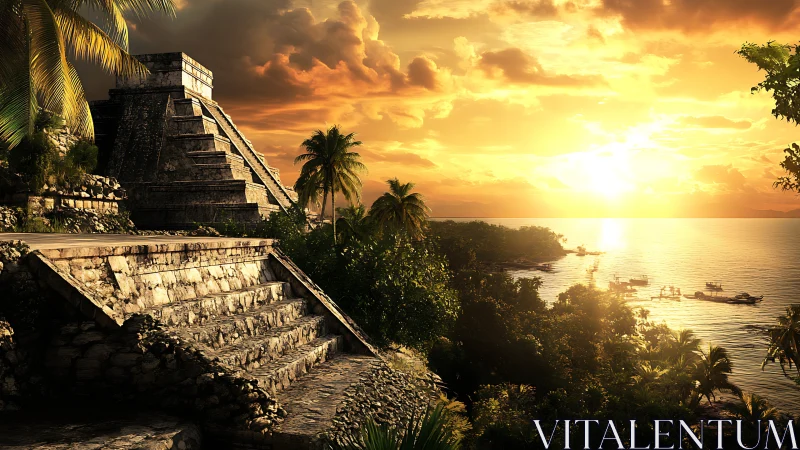 Golden sunset over jungle temple and quiet tropical bay.