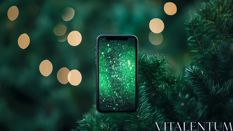 Smartphone with green starfield screen amid evergreen branches.