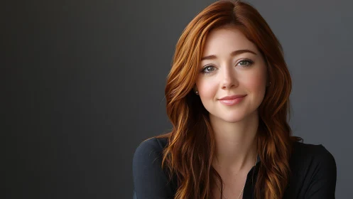 Red-haired woman portrait against soft gray studio backdrop.