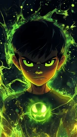 Glowing green energy surrounds a determined young hero