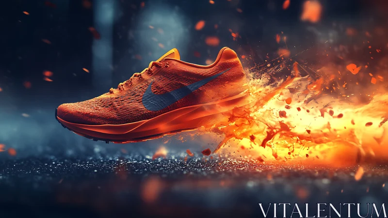 Orange running shoe captured midair with fiery motion trail