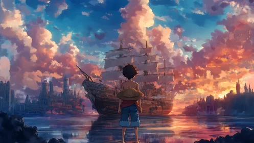 Child observes large sailing ship against industrial harbor