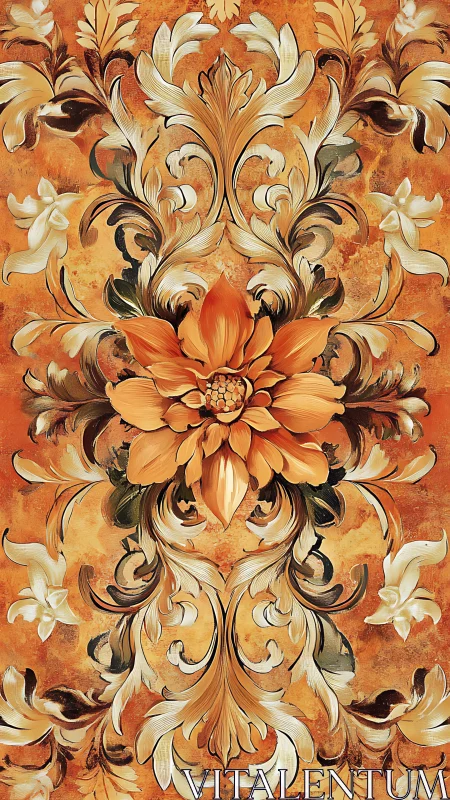 Ornate orange floral pattern with central stylized bloom.