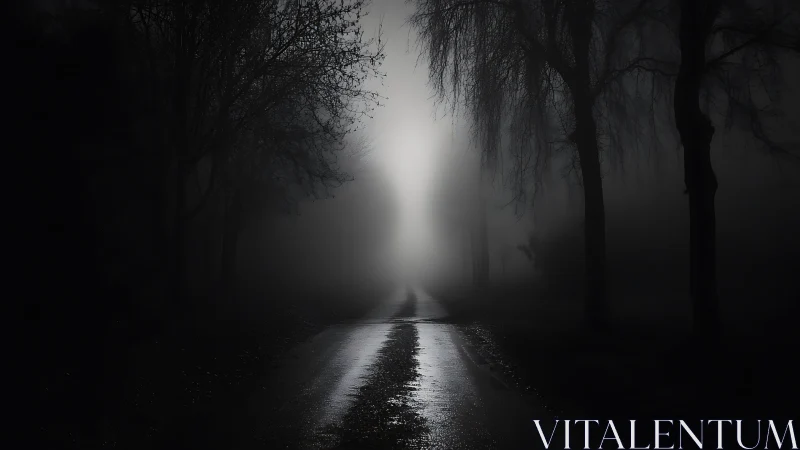 Nocturnal wet road receding into high-contrast fog vanishing point.