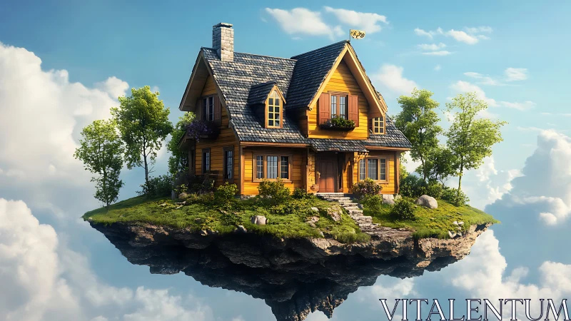 Yellow House on Suspended Rock Formation Above Clouds.