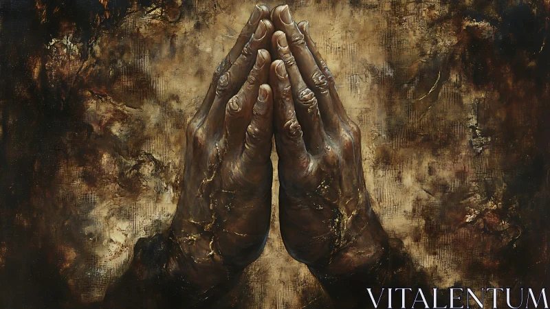Weathered hands press together in solemn layered prayer