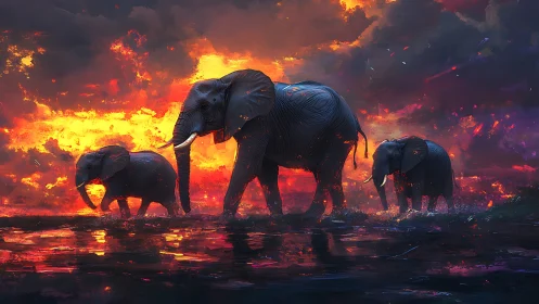 Elephant family walks through shallow water under fiery sky