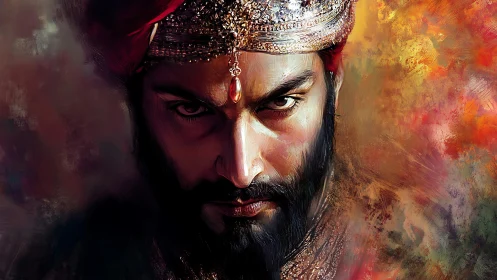 Regal warrior’s intense gaze framed by glowing colors.