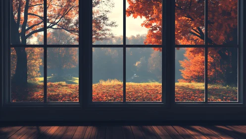 Interior window framing sunlit autumn park with vivid foliage