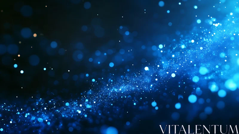 Blue bokeh particle stream on dark abstract background.