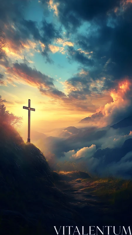 Mountain ridge cross at sunrise under dramatic stratified clouds