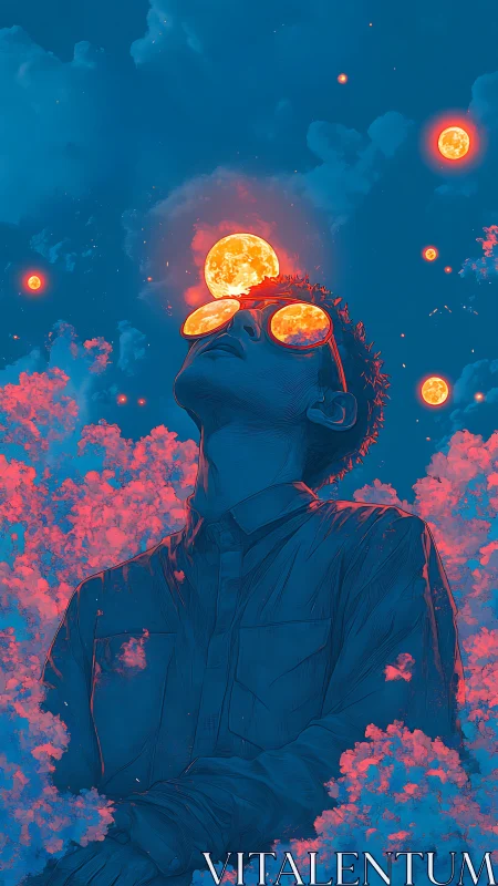 Stargazing dreamer soaks in glowing suns across the sky