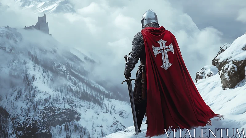 Lone crusader overlooking misty mountain fortress panorama.