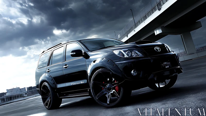 Storm-chasing black SUV poised under brooding city overpass.