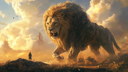 Gigantic stone lion and lone figure in ruined dusk landscape.
