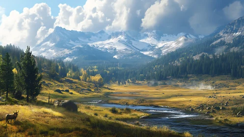 Autumn alpine valley with elk, conifer forest and snow peaks