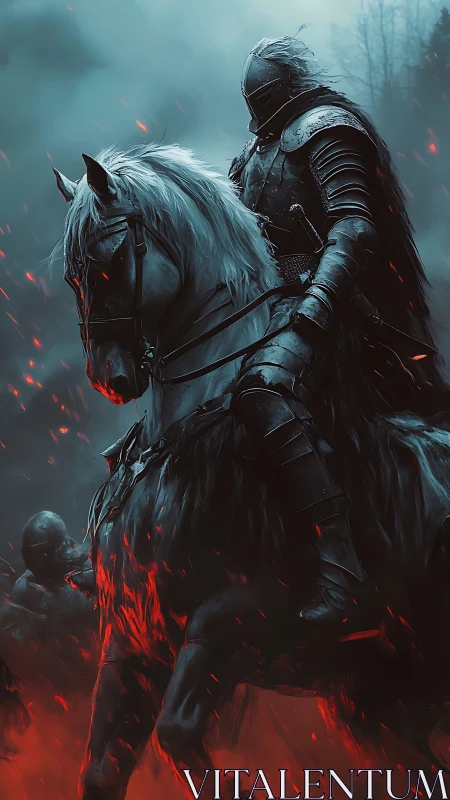 Armored dark knight rides a blazing warhorse through embers