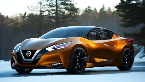 Sleek golden Nissan concept car glowing in snowy forest.