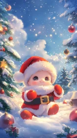 Chibi style child in Santa suit in snowy forest setting.