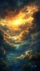 Dramatic storm clouds swirling around glowing sky portal.