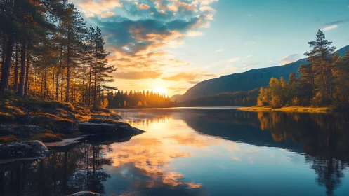 Golden lake sunset reflects glowing forest and distant hills.