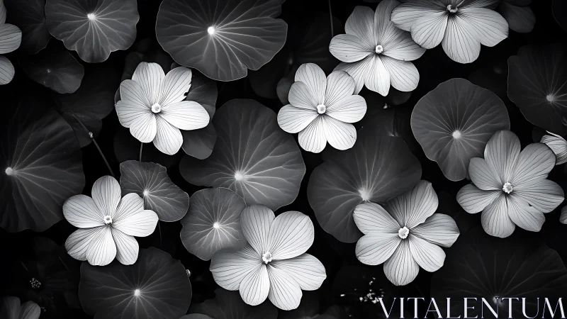 Monochrome Florals Blooming Against Dark Foliage.