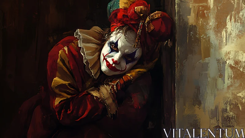 Melancholic jester portrait in chiaroscuro digital painting.