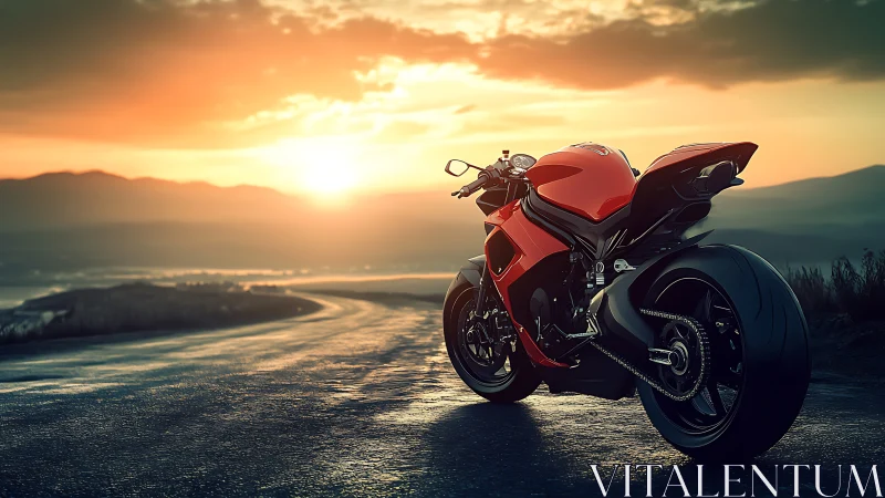 Red sport motorcycle on empty winding road at sunset.