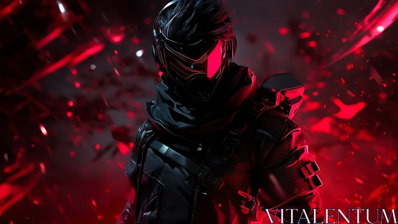 Cybernetic rogue in red-lit futuristic battlefield.