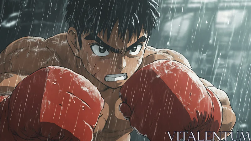 Anime Boxing Character with Clenched Red Gloves Demonstrating Aggressive Forward Stance