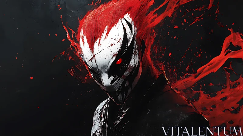Masked figure with red energy and stark contrast portrait.