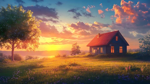 Sunset over rural cottage and meadow landscape scene.