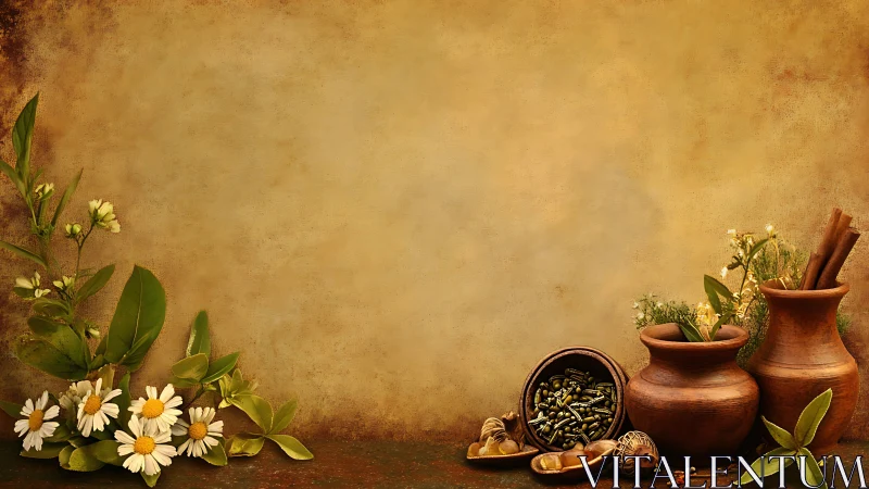 Herbal foliage and clay vessels on textured brown background.
