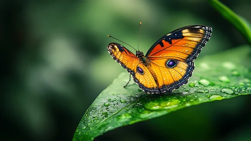 Rain-kissed jungle butterfly poised on emerald silence.