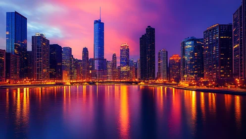 Neon-lit waterfront skyline at dusk with reflective high-rises