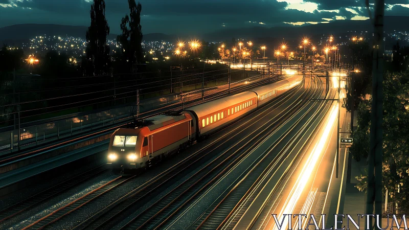 Cozy night train gliding through a city of glowing lights.